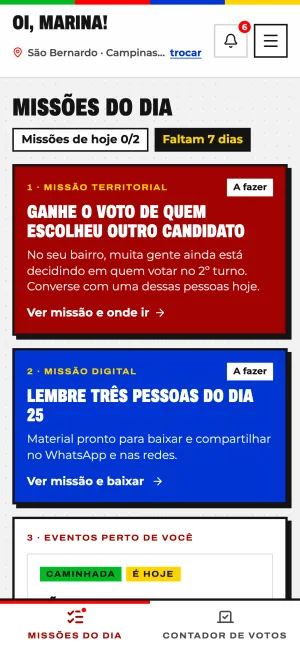 Tela Missões do dia do portal, com a missão territorial e a digital.
