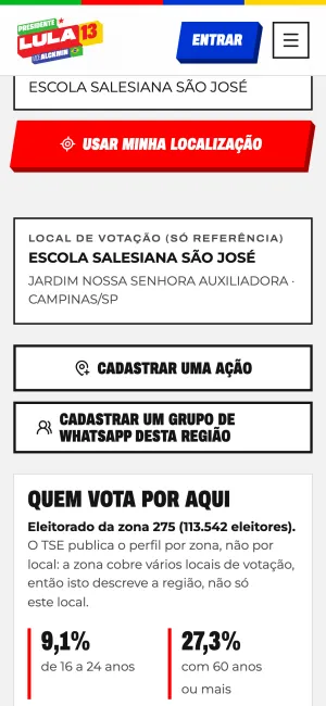 Tela do Ganha Voto Rua com um local de votação escolhido.