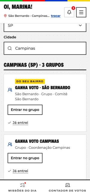 Tela Grupos de território, com os grupos de Campinas e o do bairro primeiro.