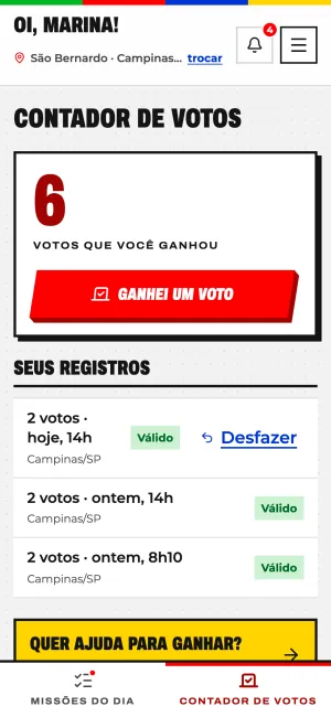 Tela Contador de votos do portal, com o número de votos e o botão Ganhei um voto.